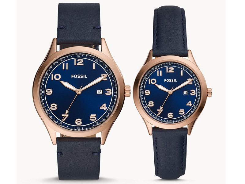 Fossil His and Her Wylie Three-Hand Navy Leather Watch Box Set For Men & Women