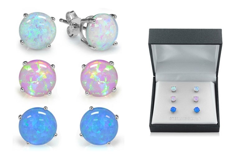 Sterling Silver Trio Blue, White, and Pink Opal Earring Set (3-Pair)