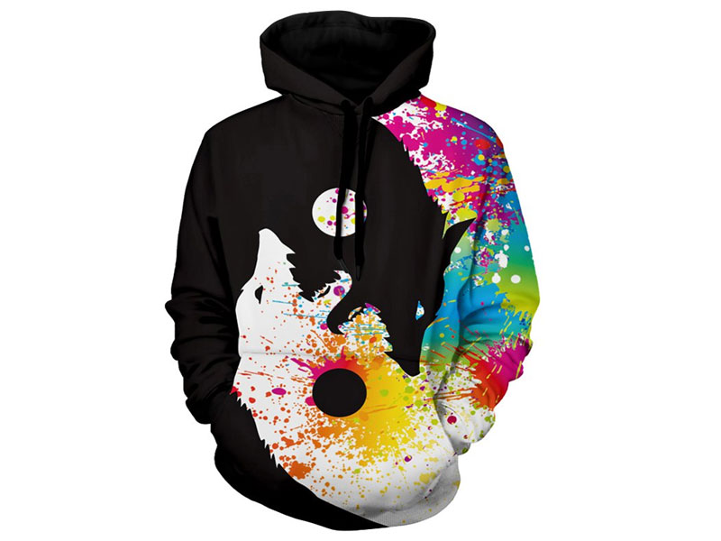 Men's Wolf Print Kangaroo Pocket Casual Hoodie