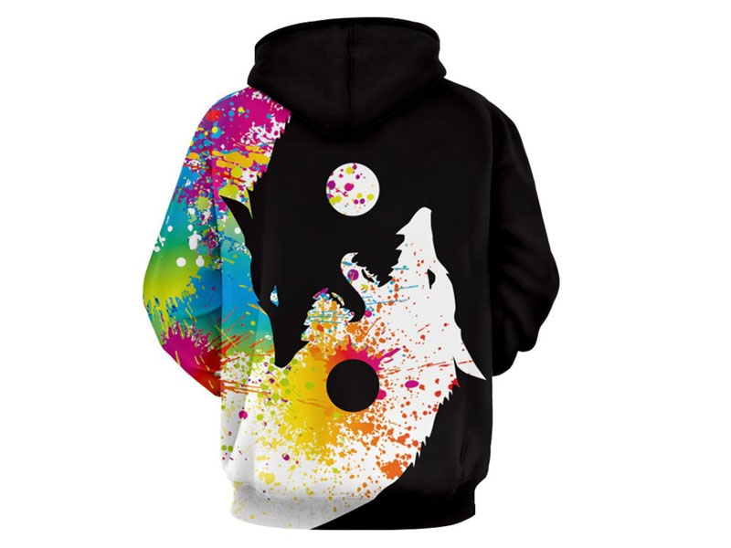 Men's Wolf Print Kangaroo Pocket Casual Hoodie