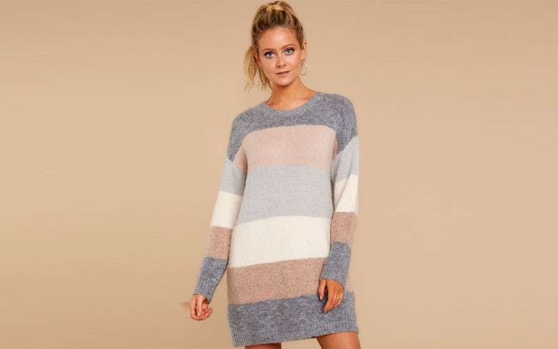 Bare The Cold Grey Multi Stripe Sweater Dress