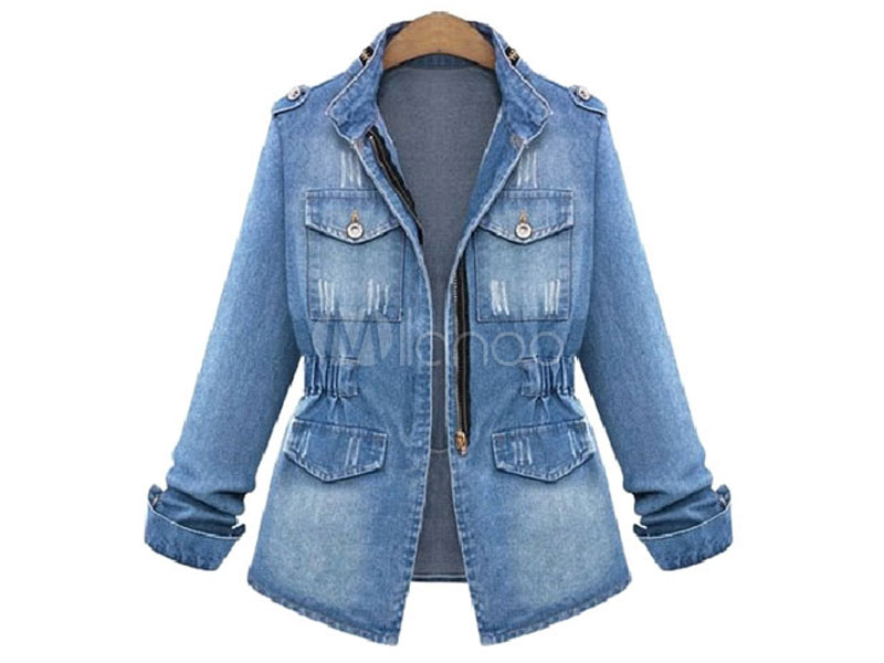 Denim Jacket Military Women's Jacket Zippered Spring Coat