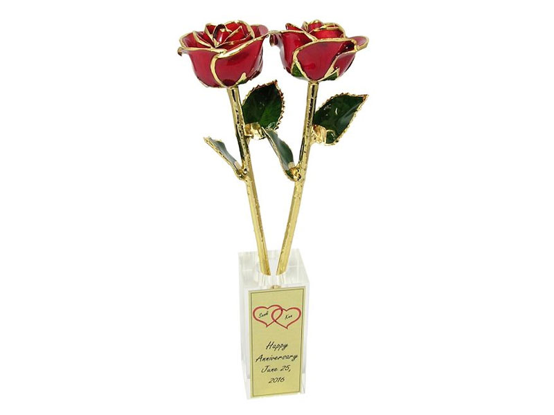 Personalized Anniversary Vase with 2 Gold Trim Roses