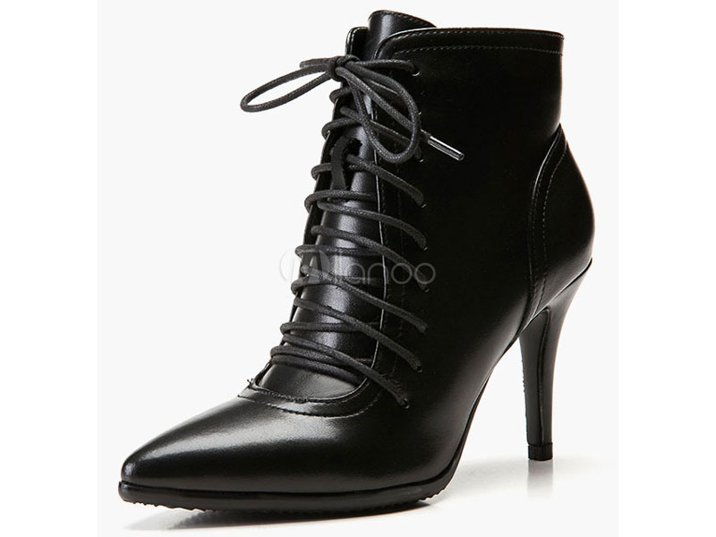Black Ankle Boots Women Pointed Toe Lace Up High Heel Booties