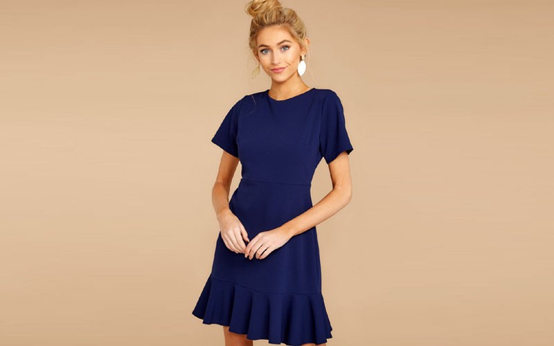 Short Sleeve Navy Blue Ruffle Dress