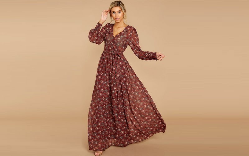 Gorgeous Red Print Peacock Maxi Dress