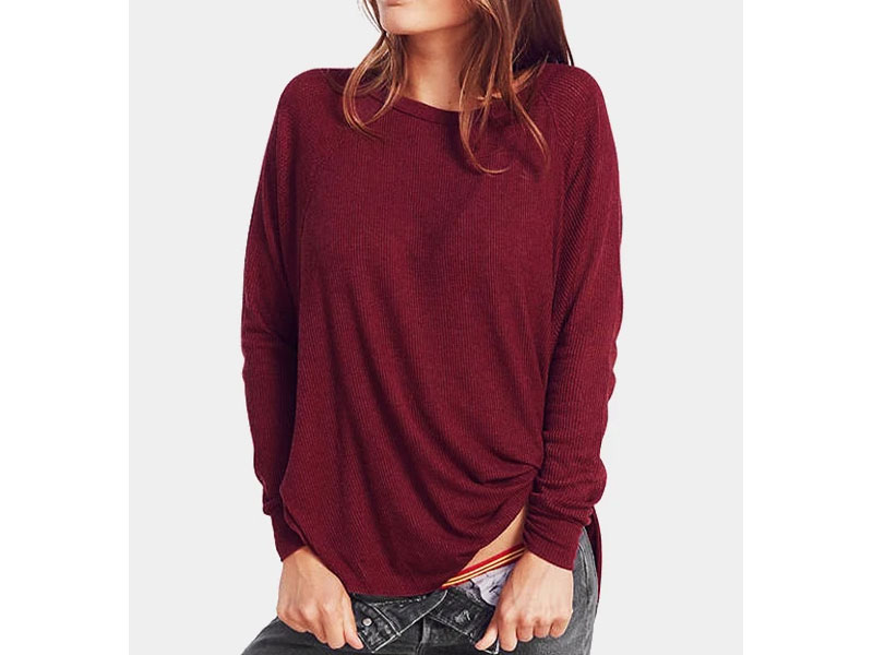 Women's Burgundy Slit Design Plain One Shoulder Long Sleeves Knitted Top