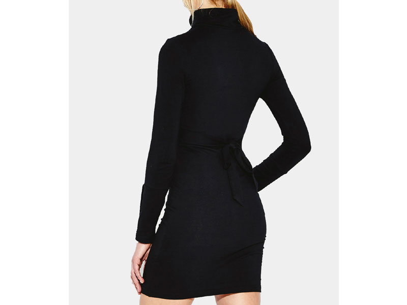 Women's Black High Neck Bodycon Mini Dress With Long Sleeves