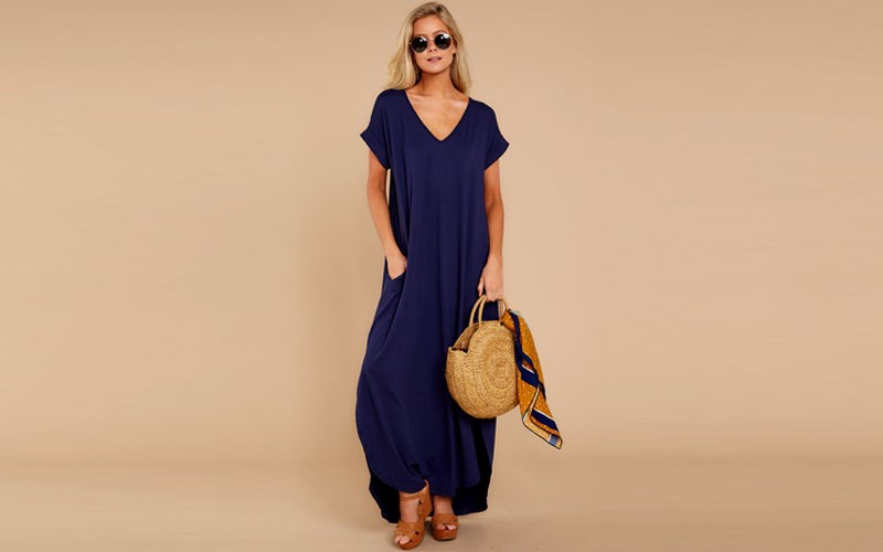 Casual Trendy Navy Blue T-Shirt Maxi Dress