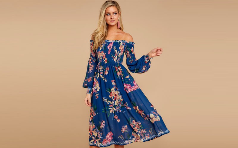 Chic Blue Floral Midi Dress 