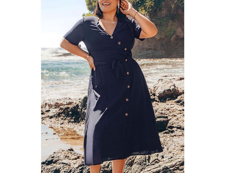 Women's Navy Buttoned V-Neck Plus Size Dress