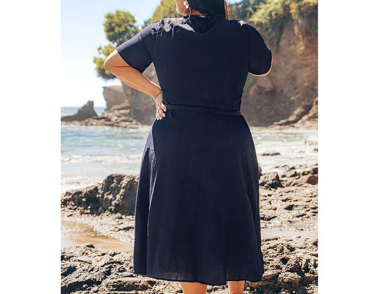 Women's Navy Buttoned V-Neck Plus Size Dress