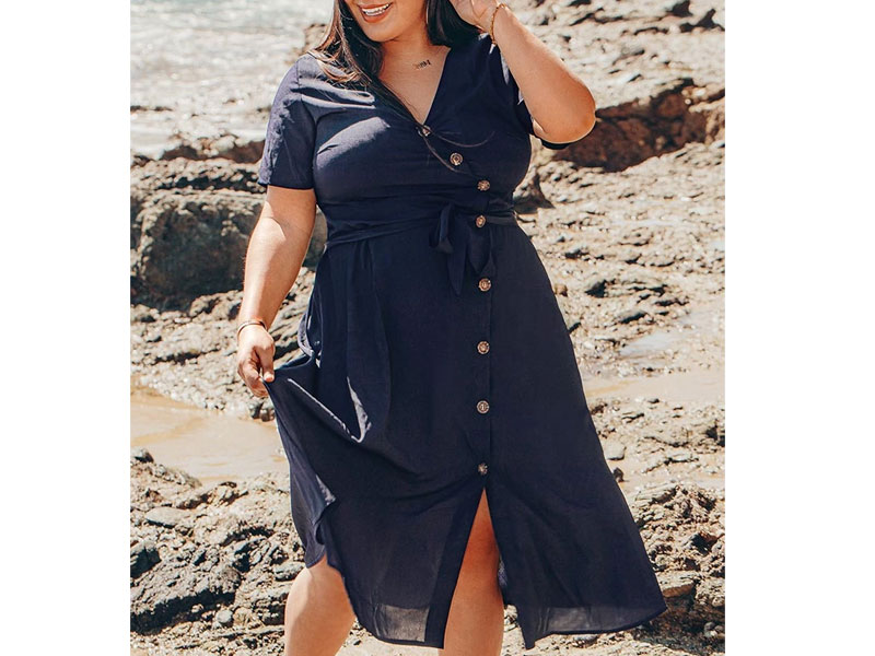 Women's Navy Buttoned V-Neck Plus Size Dress