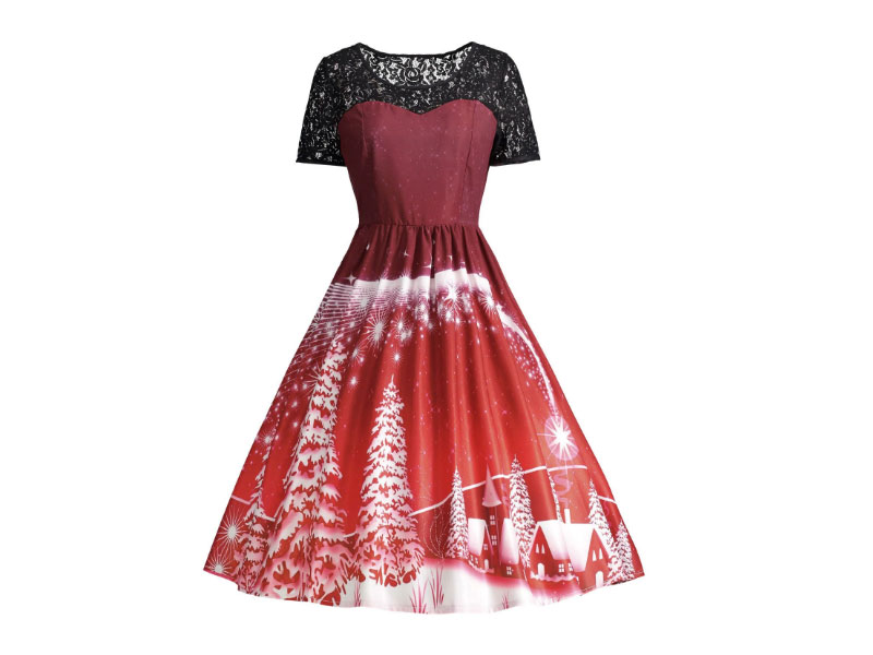 Women's Print Lace Panel Vintage Party Dress