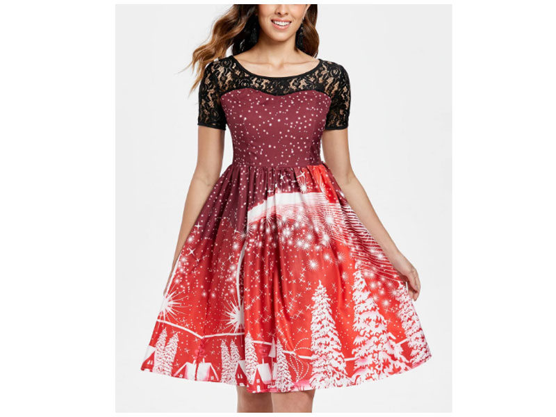 Women's Print Lace Panel Vintage Party Dress