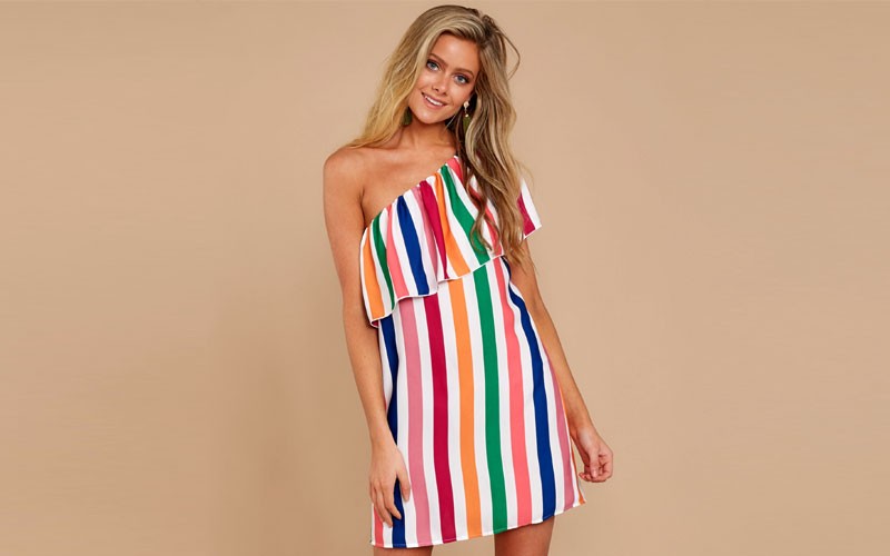 Adorable Orange Multi Stripe One Shoulder Dress