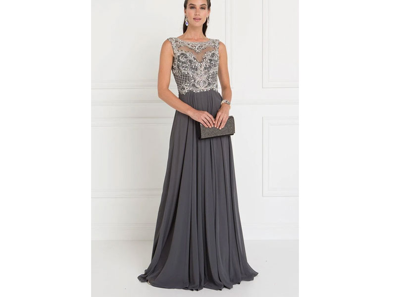 Elizabeth-K Jeweled Illusion Bateau Chiffon A Line Gown Women's Dress