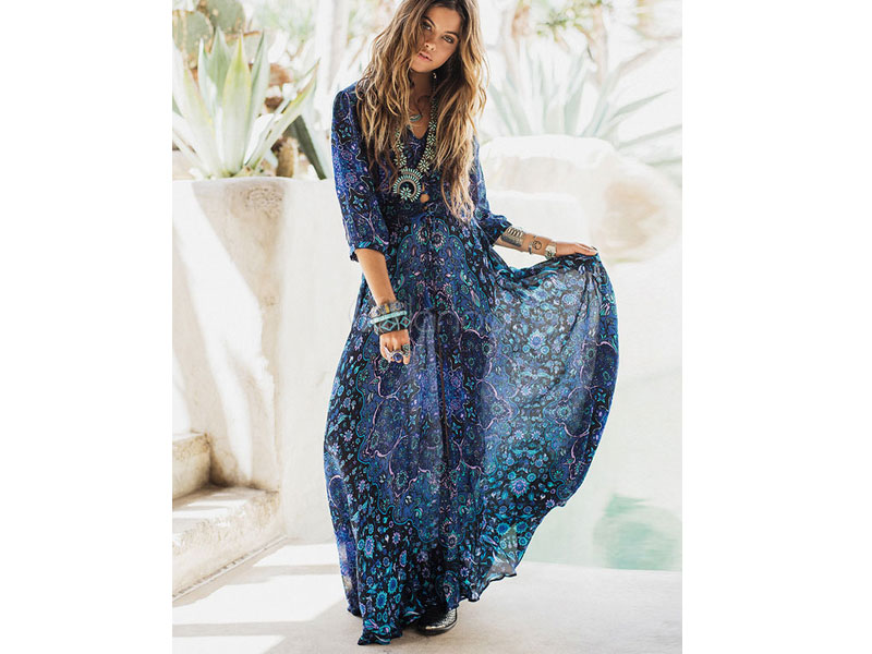 Boho Blue Long Sleeve Floral Print V Neck Maxi Dress For Women