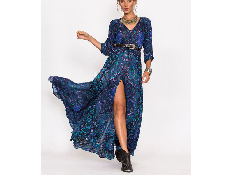 Boho Blue Long Sleeve Floral Print V Neck Maxi Dress For Women