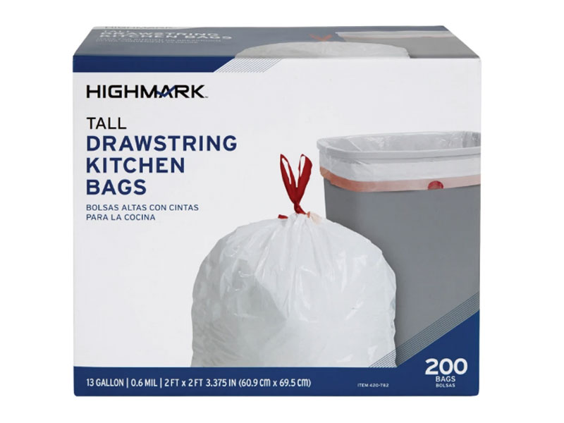 Highmark Tall 0.6 mil Drawstring Kitchen Trash Bags 13 Gallon White Box Of 200