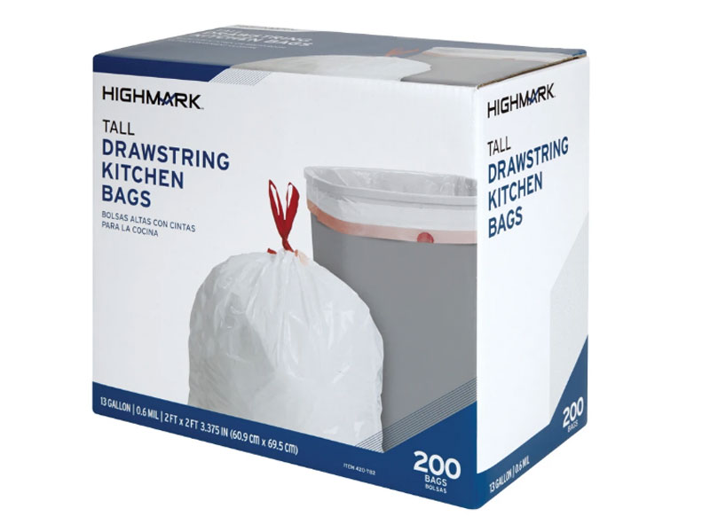 Highmark Tall 0.6 mil Drawstring Kitchen Trash Bags 13 Gallon White Box Of 200