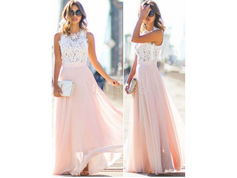 Women's White Lace &Chiffon Maxi Dress