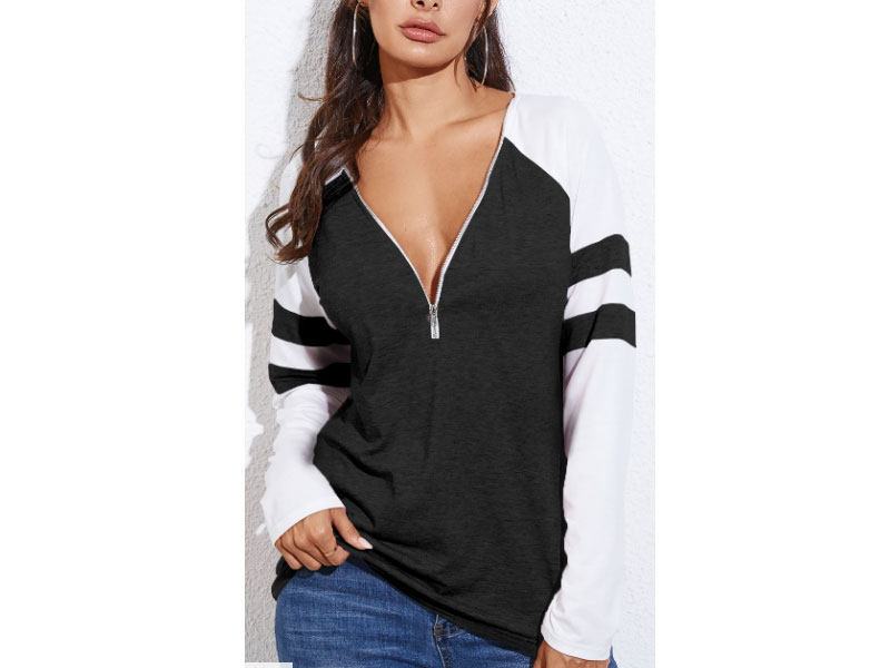 Women's Yoins Zip Front Patchwork Design Deep V-neck Tee