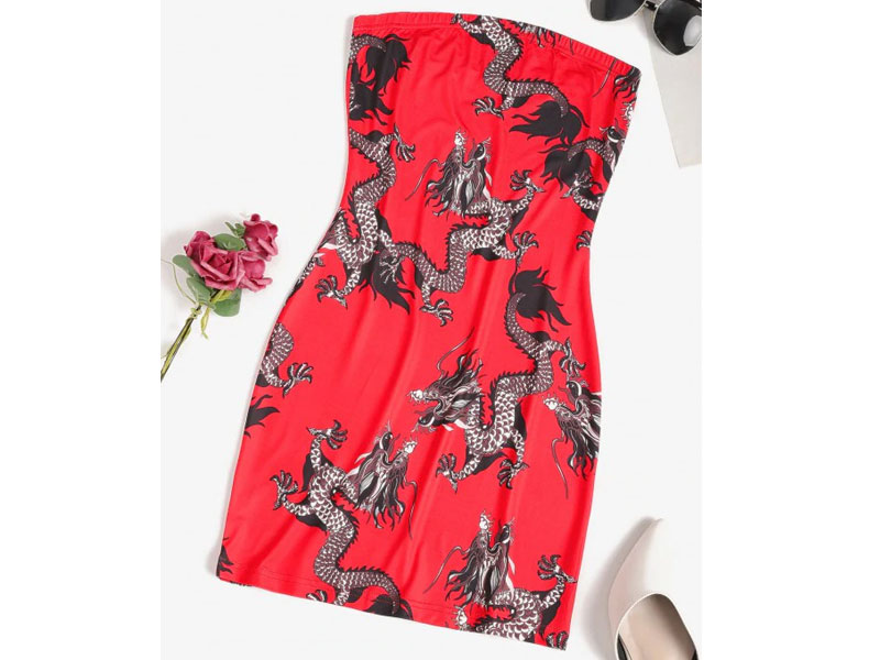 Women's Dragon Print Oriental Mini Tube Dress Red S