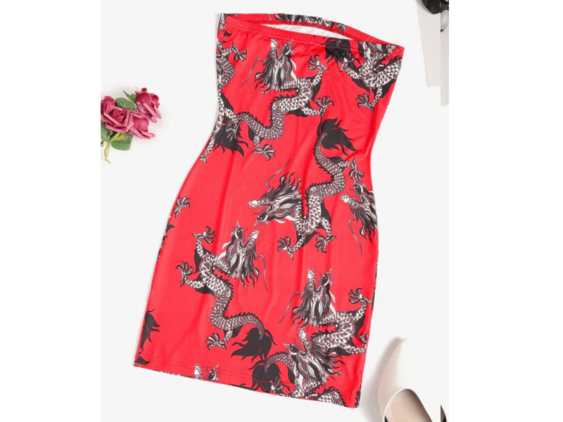 Women's Dragon Print Oriental Mini Tube Dress Red S