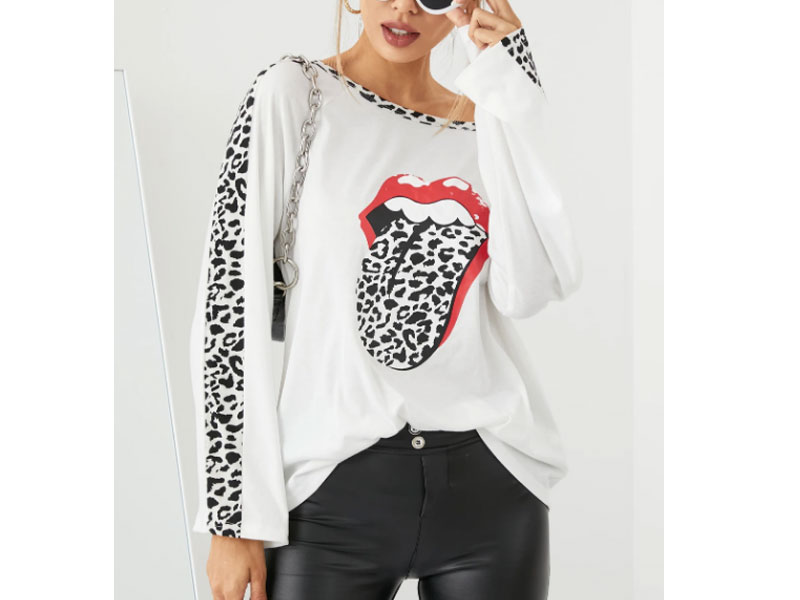 Women's Yoins White Lip Leopard Patchwork Round Neck Long Sleeves Tee