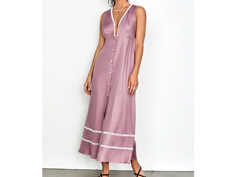 Women's Pink Plunging Neckline Buttoned Dress