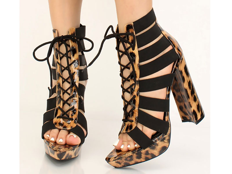 Women's Leopard Print Strappy Lace Up Chunky Heels