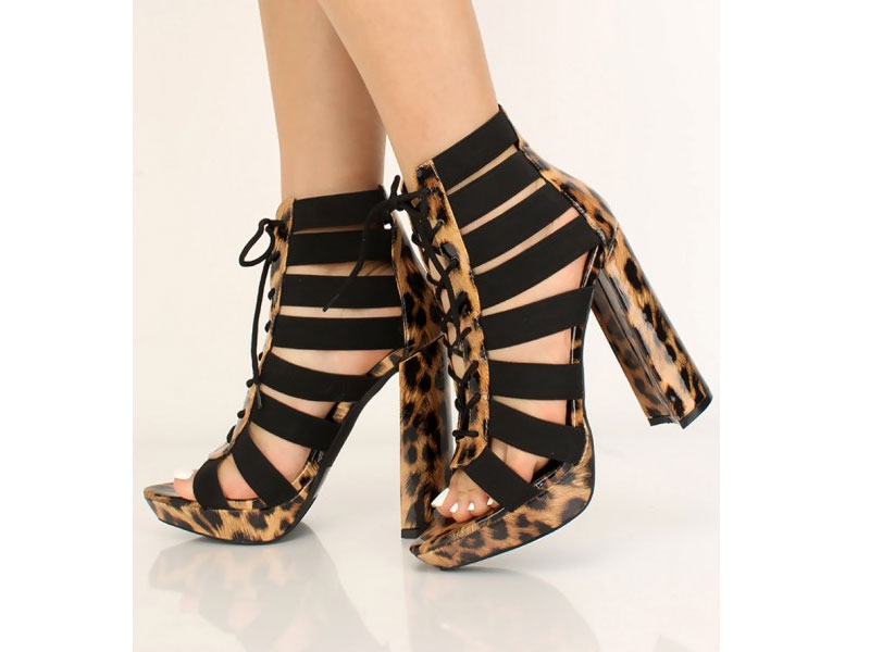 Women's Leopard Print Strappy Lace Up Chunky Heels