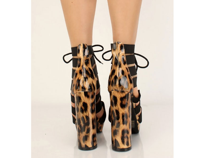 Women's Leopard Print Strappy Lace Up Chunky Heels