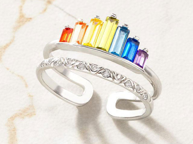Women's Double Band Rainbow Rhinestone Open Adjustable Ring
