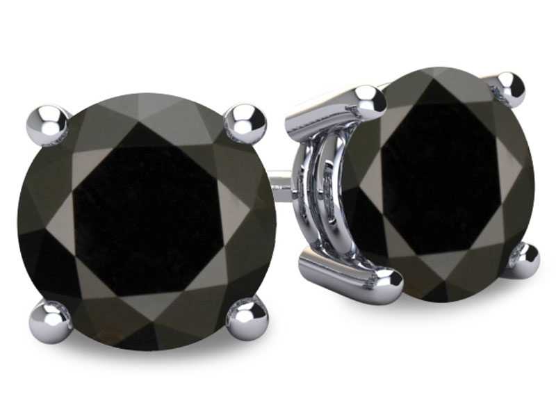 Women's 14 Karat White Gold Round Brilliant Cut Certified Black Diamond Earrings