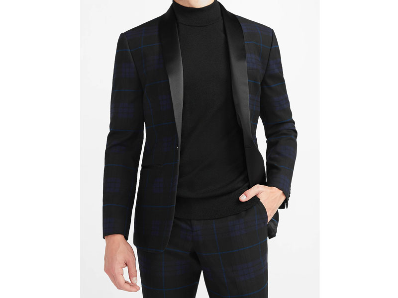 Men's Slim Black Tartan Plaid Tuxedo Jacket