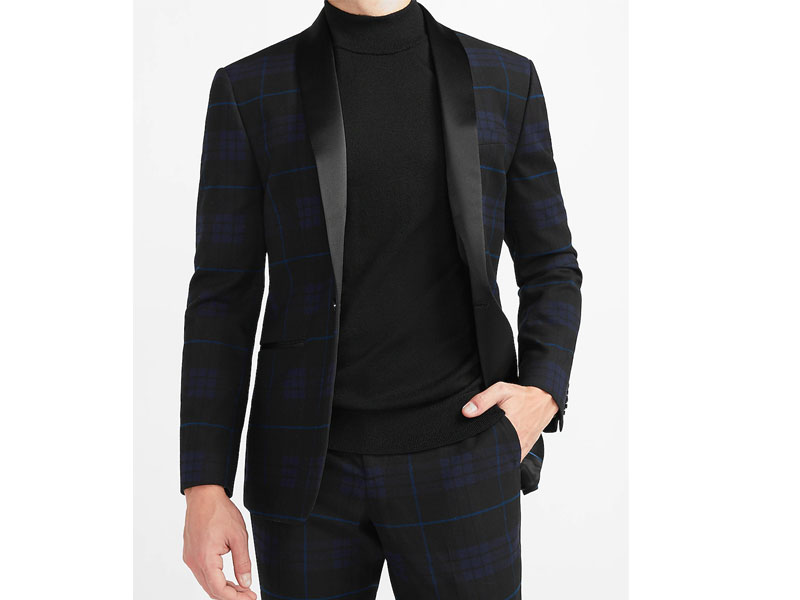 Men's Slim Black Tartan Plaid Tuxedo Jacket