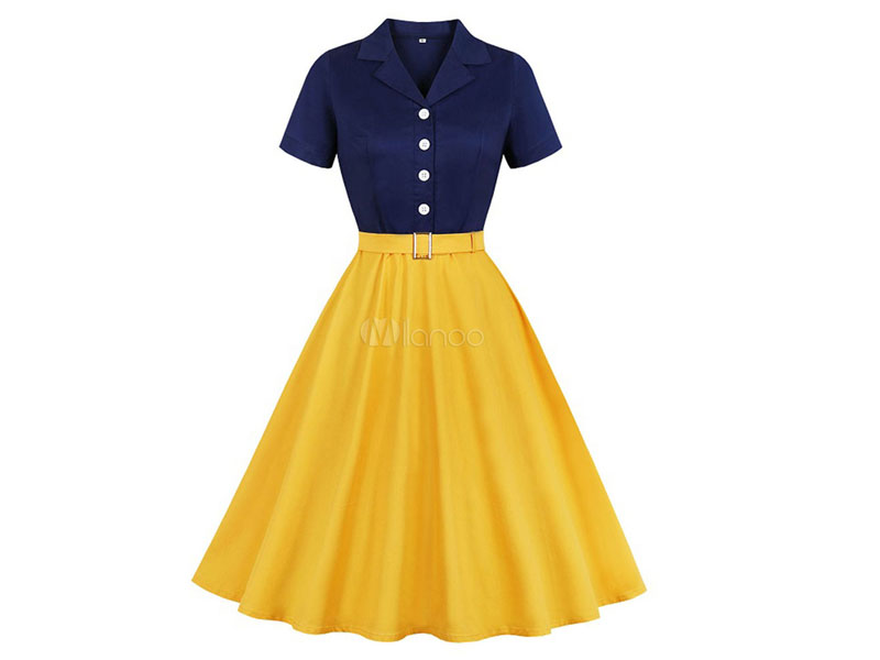 Women's Vintage Dress 1950s Yellow Collar Rockabilly Dress