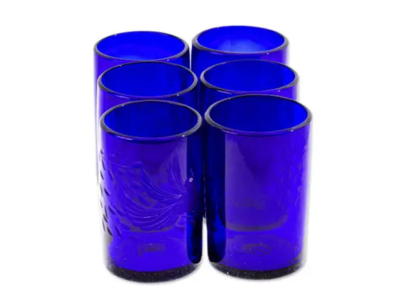 Etched Blue Blown Glass Tumblers Set of 6 Paloma Azul