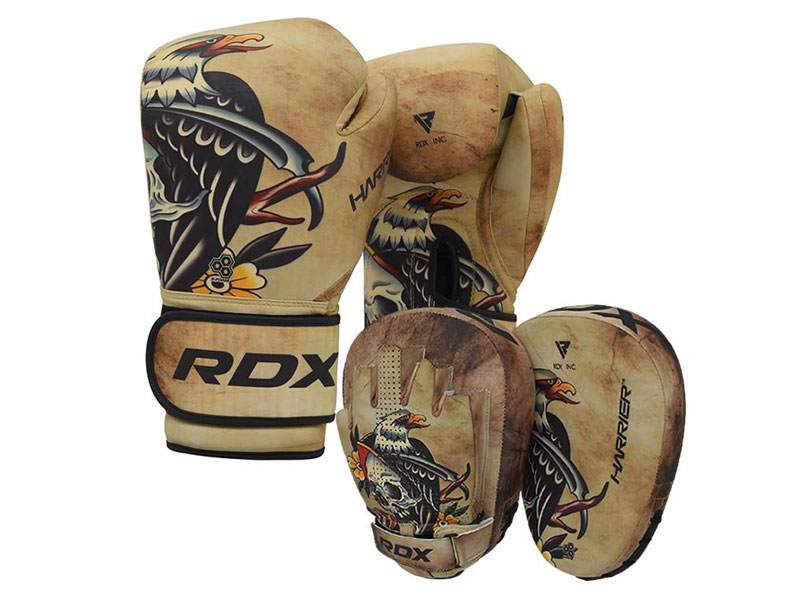 RDX T14 HARRIER Tattoo Boxing Gloves Punch Mitts & Free Bag Set Brown