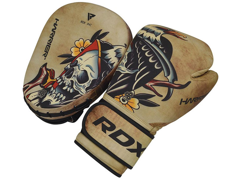 RDX T14 HARRIER Tattoo Boxing Gloves Punch Mitts & Free Bag Set Brown