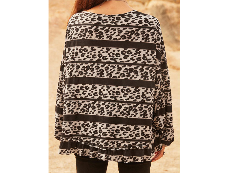 Women's Leopard Striped Ruffled Elastic Cuff O-Neck Blouse