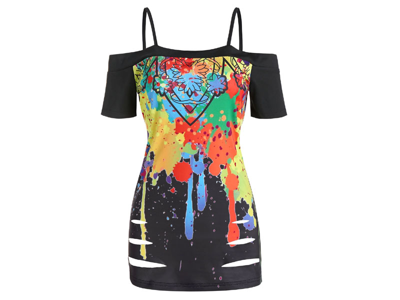 Women's Paint Splatter Print Open Shoulder Ripped T-shirt