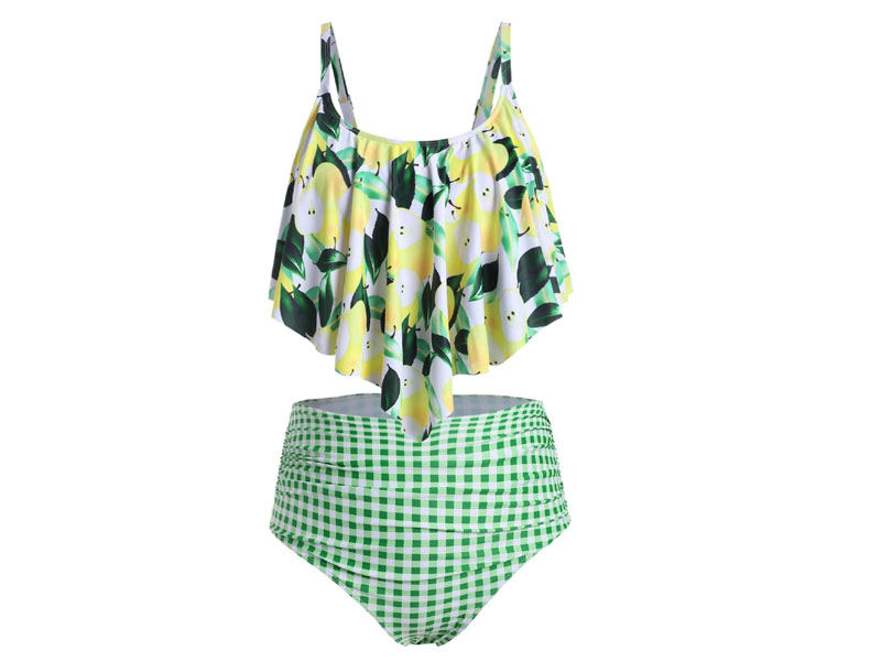 Women's Plus Size Lemon Print Overlay Plaid Tankini Swimsuit