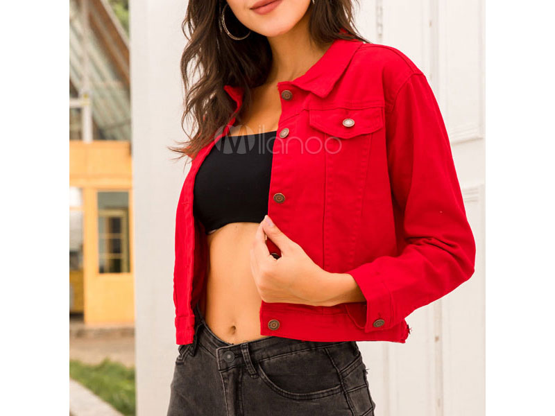 Women's Red Denim Jackets Front Button Long Sleeve Casual Field Red