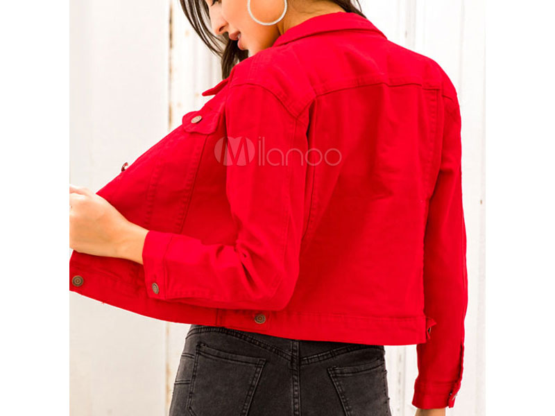 Women's Red Denim Jackets Front Button Long Sleeve Casual Field Red