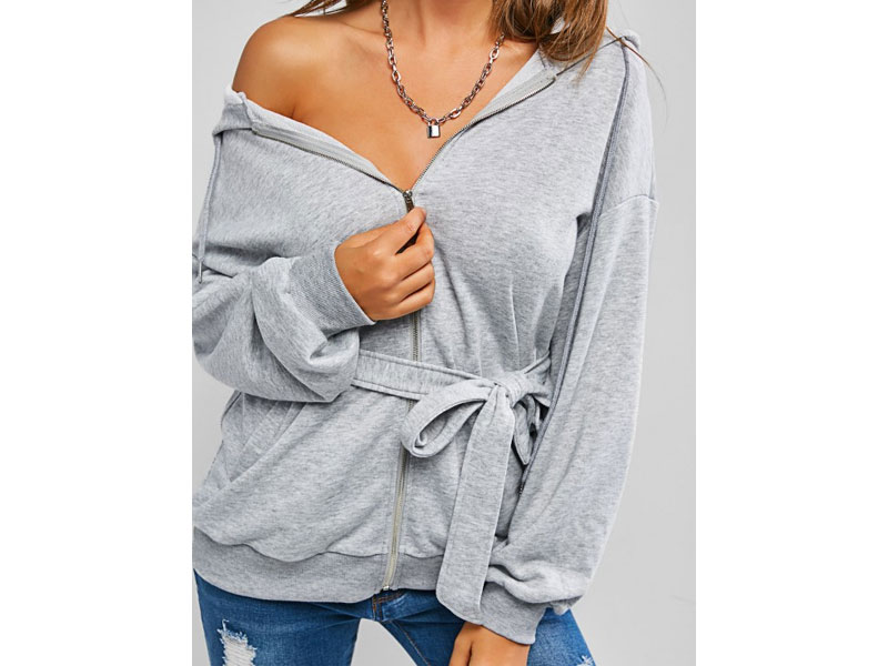 Women's Zaful Belted Tunic Zip Up Hoodie Gray Goose M