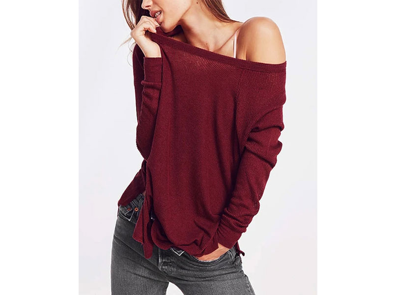 Women's Burgundy Slit Design Plain One Shoulder Long Sleeves Knitted Top