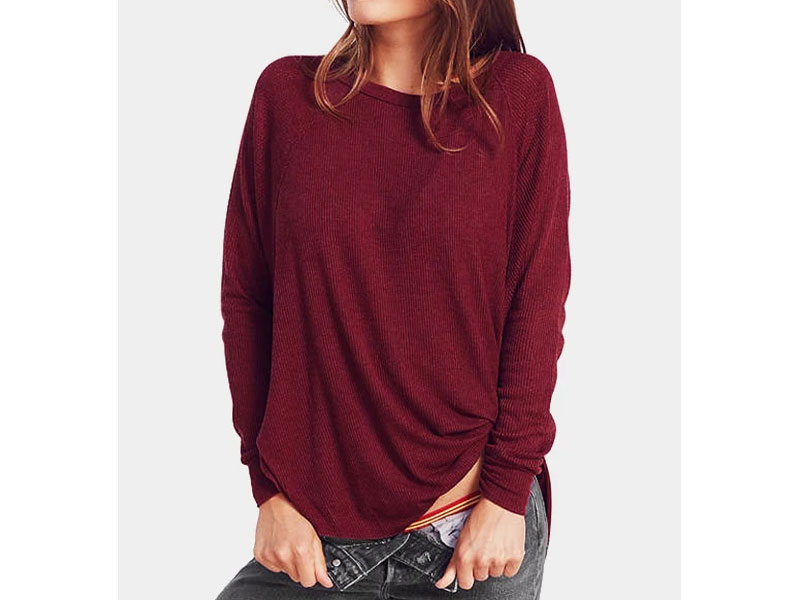 Women's Burgundy Slit Design Plain One Shoulder Long Sleeves Knitted Top